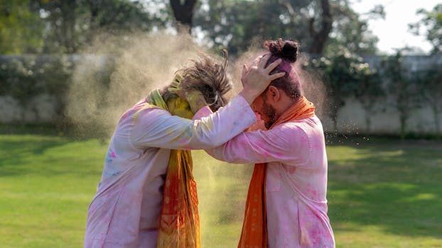 Two men celebrating Holi festival by applying colorful powder outdoors.