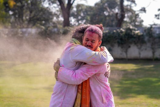 Two men embrace while covered in colorful powders during a Holi celebration outdoors.