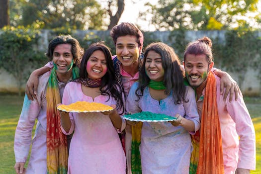 Group of friends celebrating Holi outdoors with vibrant colors and smiles.