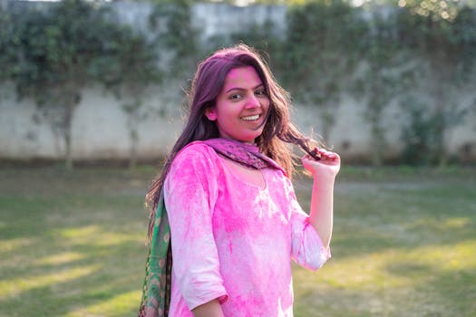 A young woman joyfully participates in Holi, covered in vibrant colors outdoors.