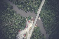 一个宁静的空中镜头展现了森林茂密的河流，河上有座桥和小船，凸显了大自然的美丽与交通