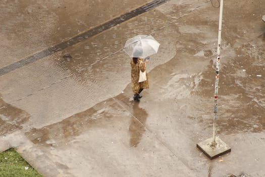 Aerial view of a woman with an umbrella walking on a wet pavement during rainfall.