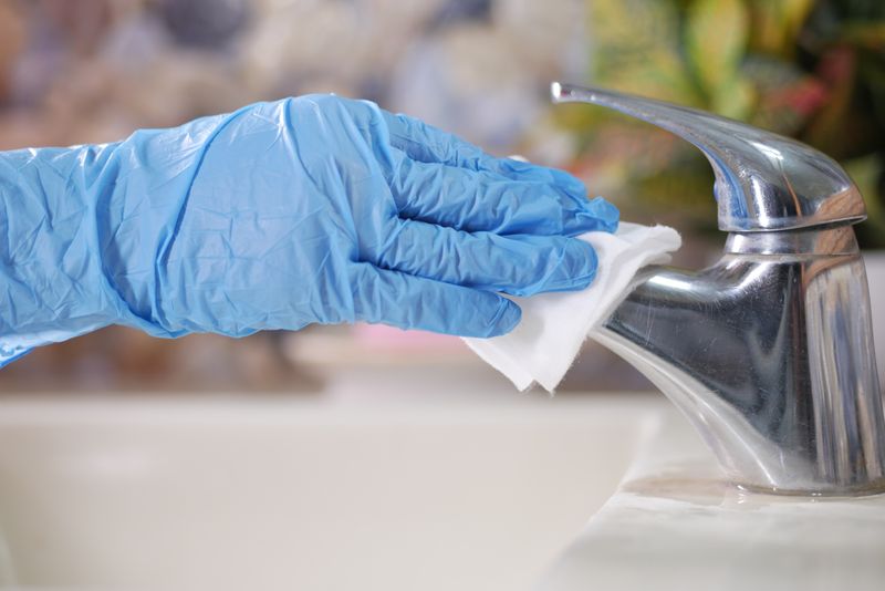 Blue-gloved hand wiping a chrome faucet with a white cloth