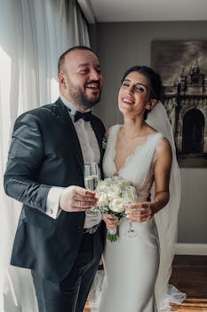 A happy bride and groom celebrating with champagne on their wedding day indoors.