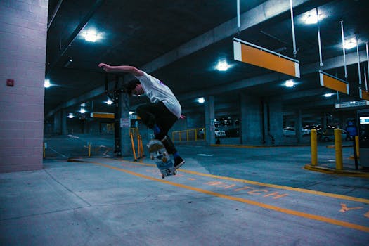A young man performs a skateboard trick in a dimly lit urban parking garage with industrial lighting.