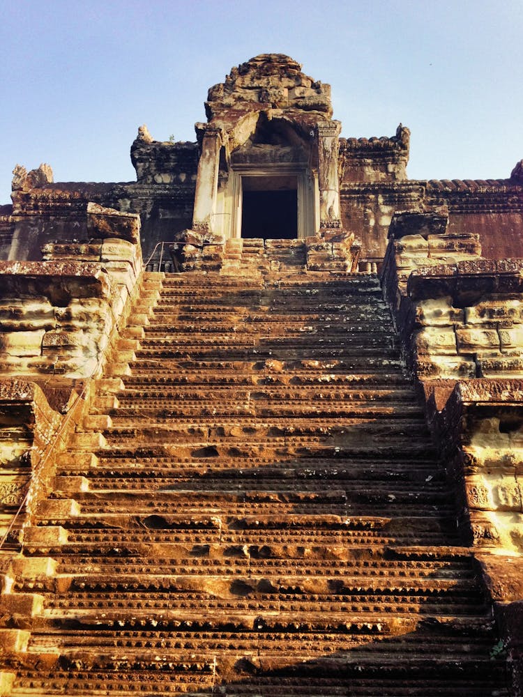 Steep Steps Leading To Top Of Temple In Angkor Wat Cambodia