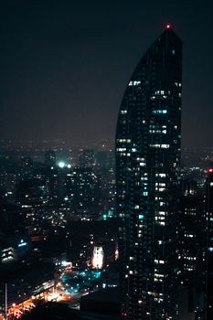 A stunning aerial view of Toronto's illuminated skyline at night.