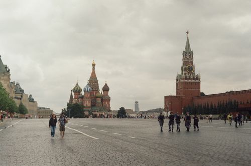 Free St. Basil's Cathedral and Kremlin in Moscow's Red Square on a cloudy day. Stock Photo