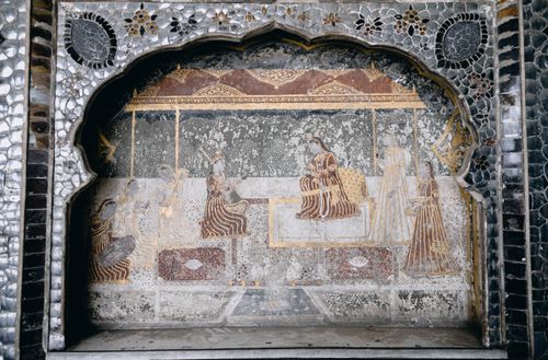 Free Detailed fresco mural showcasing ancient art in Lahore Fort. Stock Photo