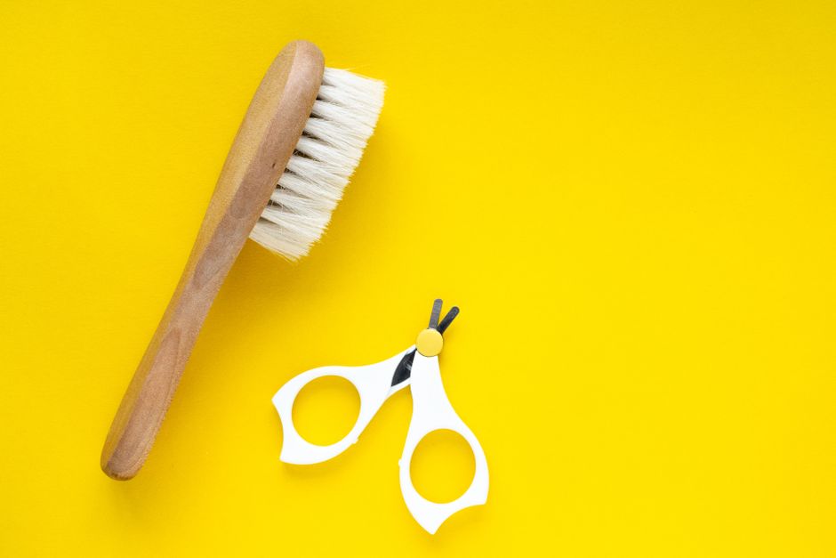 Furminator vs Regular Brush: Shedding Control for Double Coated Dogs Close-up of a wooden brush and scissors on a vibrant yellow background. Perfect for lifestyle or grooming themes.