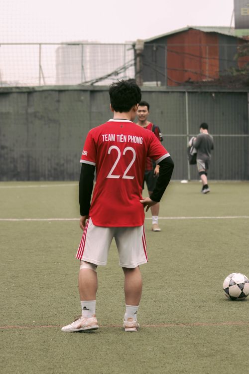 Free Back view of a soccer player in a red jersey with number 22 on a green field. Stock Photo