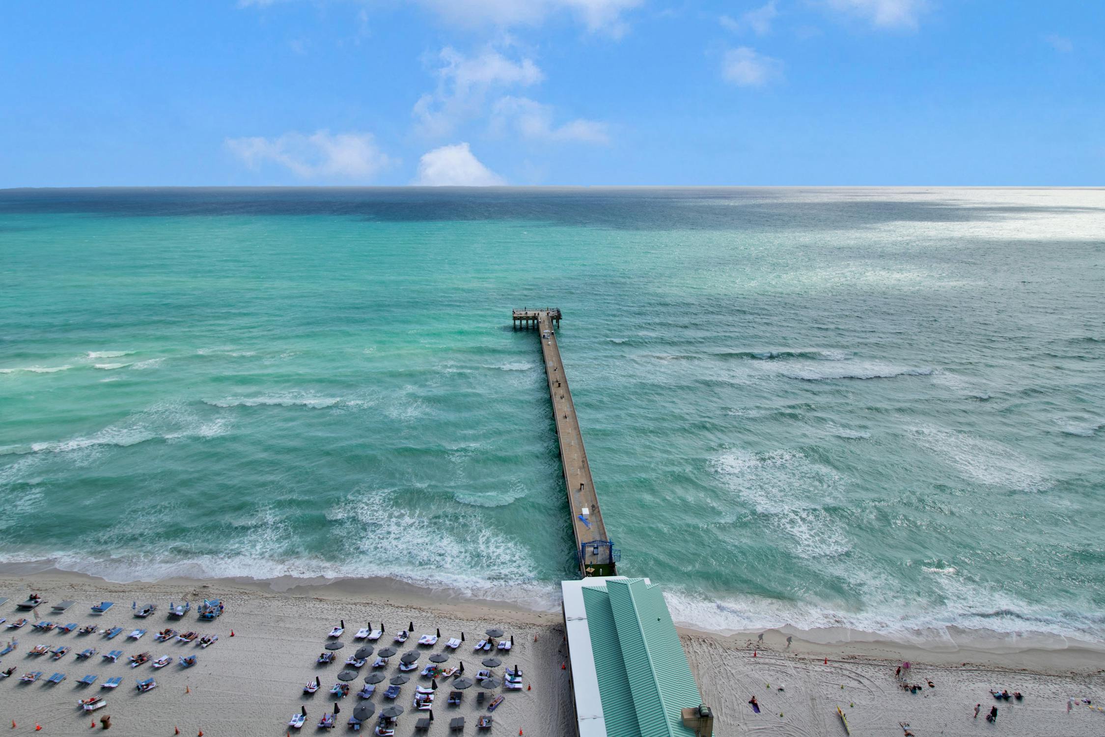 An aerial view of the boardwalk of Sunny Isles Beach, a popular beach near Orlando.