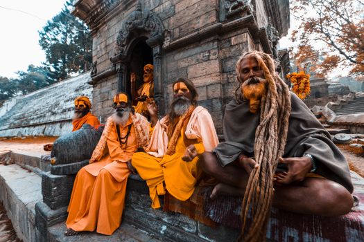 Group of Hindu sadhus seated outside a temple, showcasing traditional attire and cultural heritage.