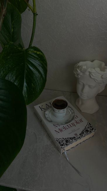 Aesthetic setup of Turkish coffee cup on a book beside a plant and sculpture in an artistic ambiance.