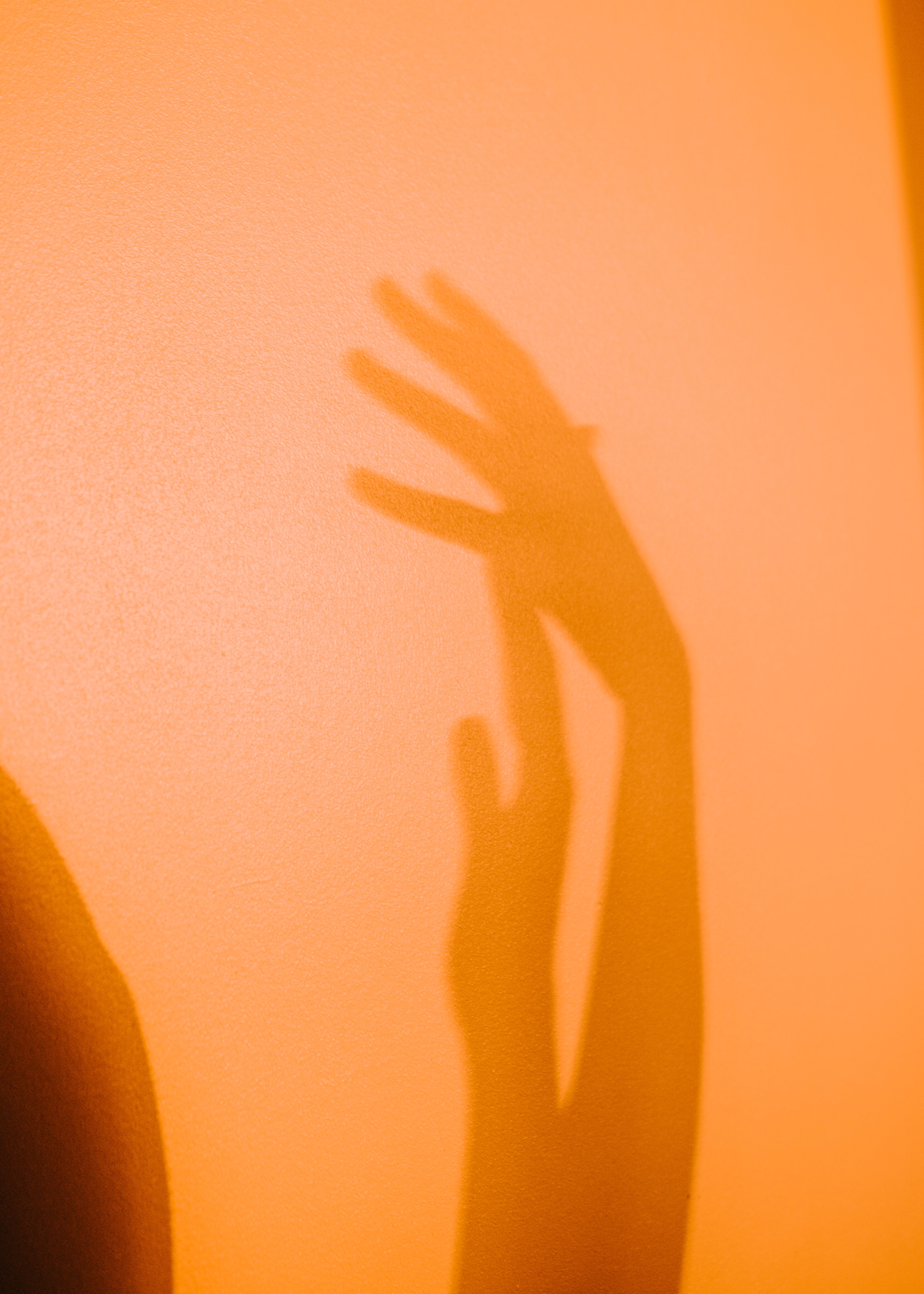 Artistic shadow of human hands on warm orange wall, creating a soft and abstract visual.