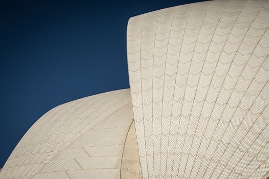 Intricate detail of the Sydney Opera House sails in bright daylight.