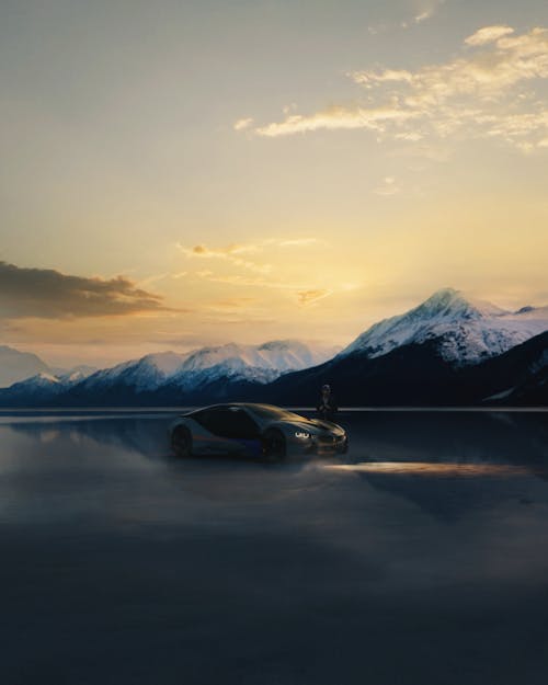 Free Sports Car in a Frozen Lake  Stock Photo