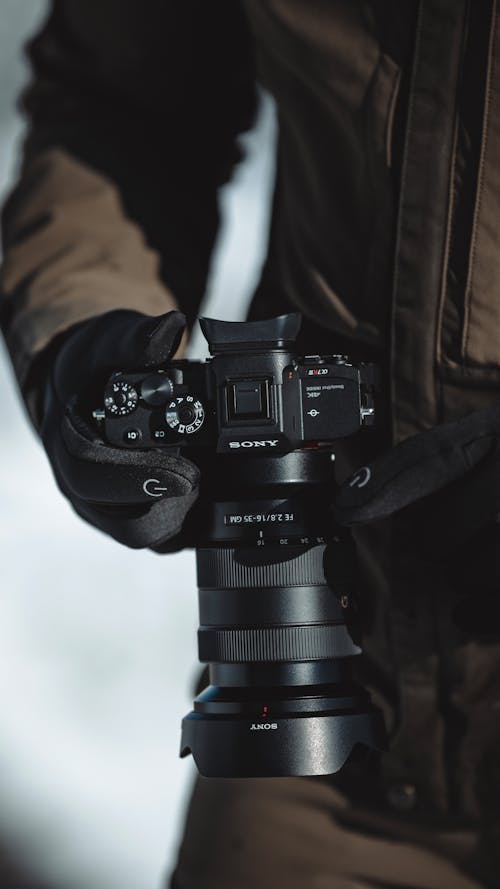 A Person Holding a Black Sony DSLR Camera