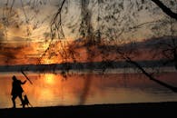 一个男人在壮丽的日落时分于湖边和他的狗玩耍，形成了美丽的剪影