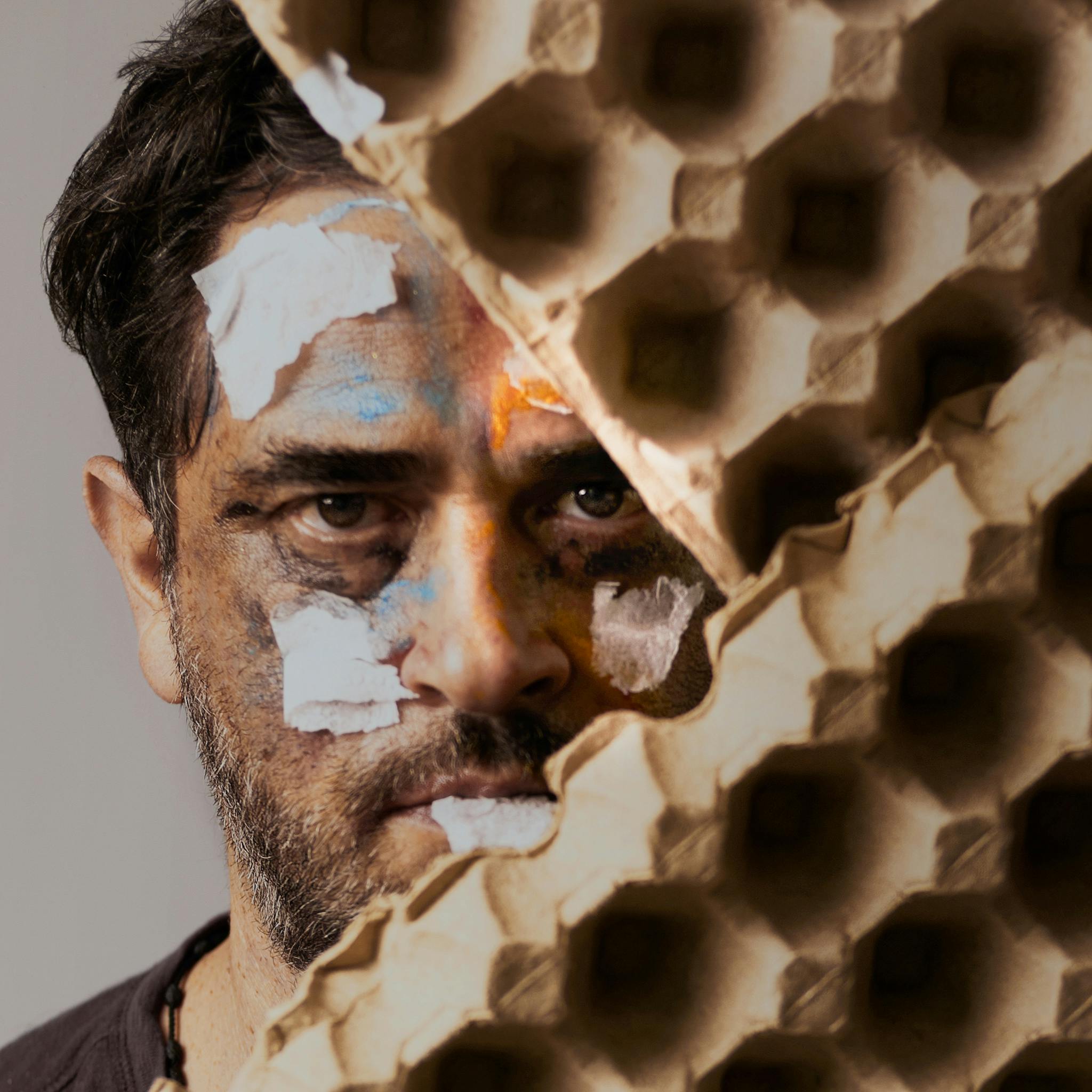 Artistic portrait featuring a man with face paint partially hidden by egg cartons.