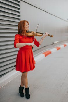Woman in red dress playing violin outdoors near modern building.