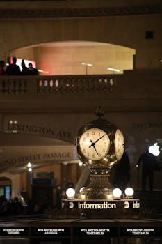 A classic view of the Grand Central Terminal's iconic clock, illuminated at night.