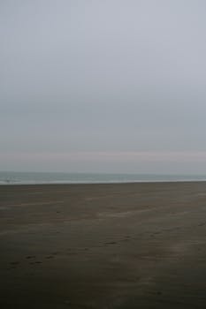 A calm and tranquil beach scene with a vast empty shore under an overcast sky.