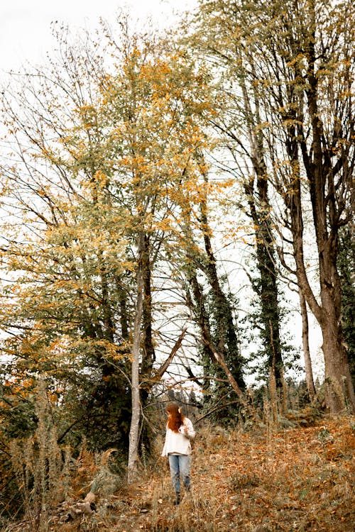 Woman in White Shirt Standing in the Middle of Forest