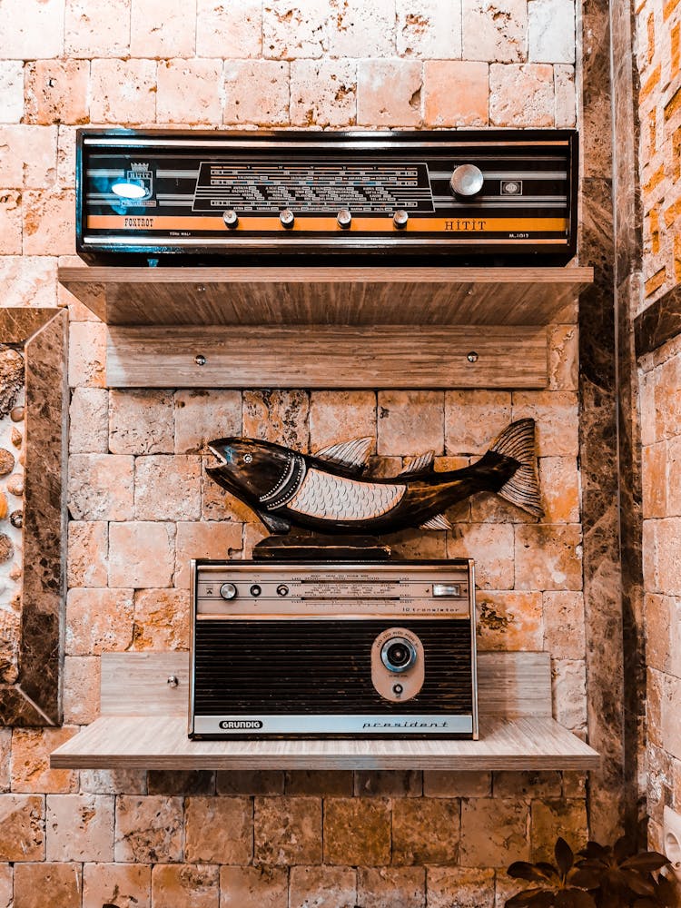 Retro Radio And Speaker On Shelves