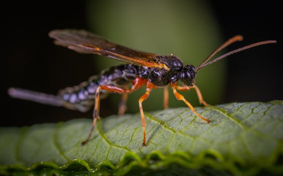 Detailed macro shot of an ichneumon wasp on a green leaf outdoors.