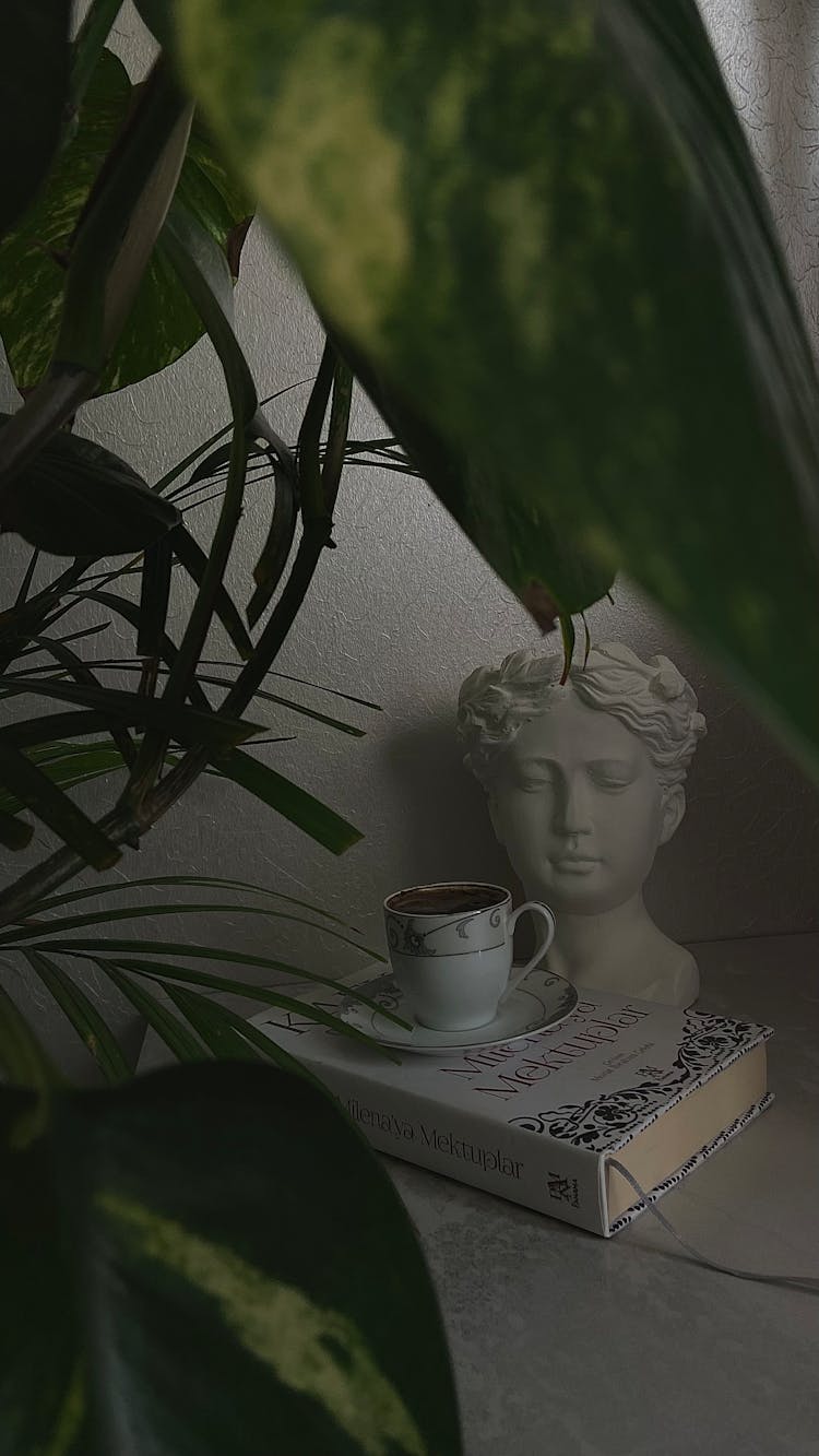 Coffee Cup On Book Among Leaves