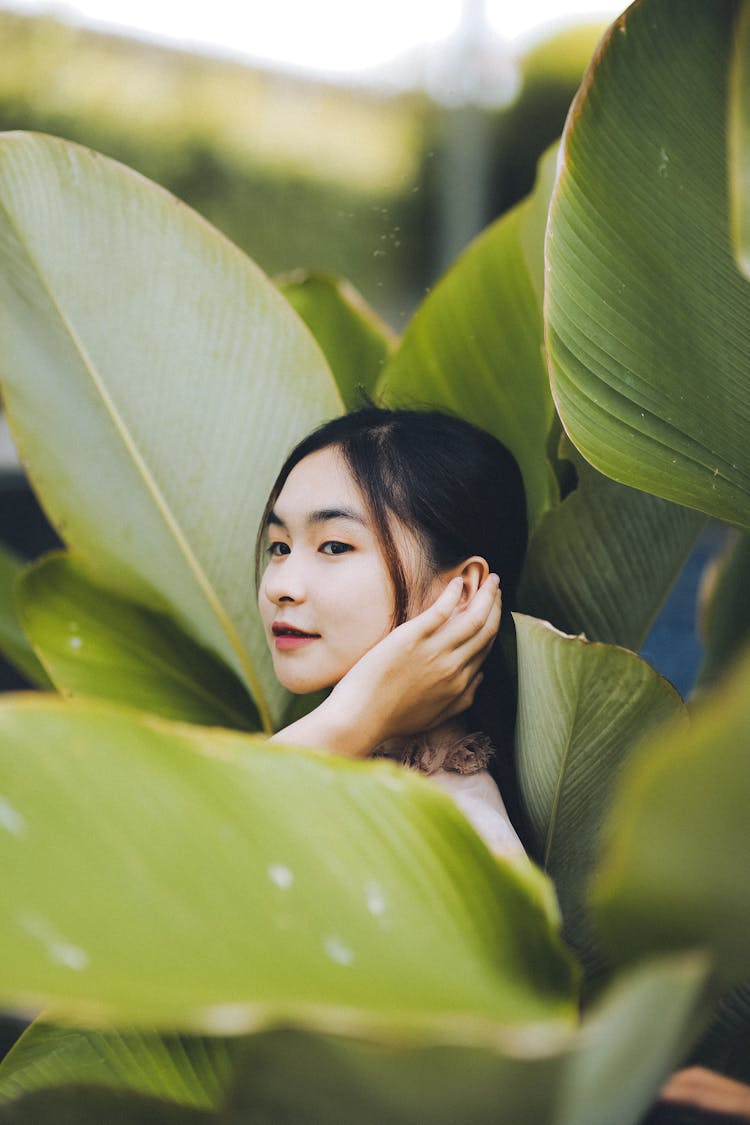 Woman Between Big Plant Leaves 