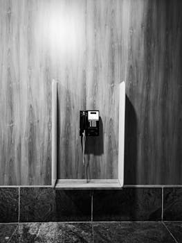 A classic payphone mounted on a wooden panel in black and white.