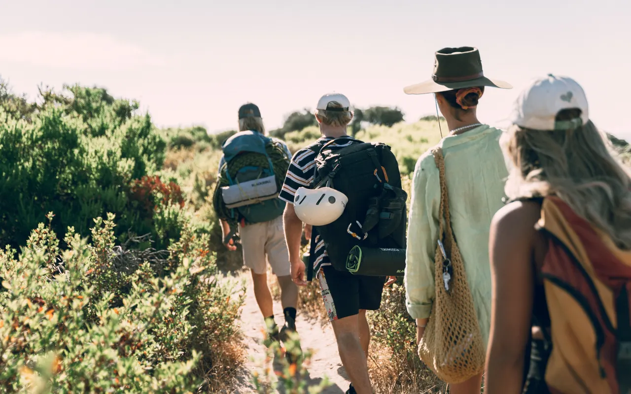 A group hiking through sunny countryside
