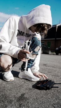 A young adult wearing a hoodie operates a drone controller on a city pavement under a clear sky.