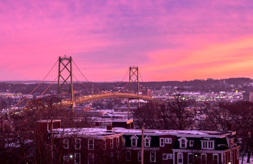 Cityscape and a Bridge at Sunset 