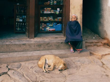 An Elderly Woman Sitting on a Concrete Stairs of an Establishment Near the Sleeping Dog
