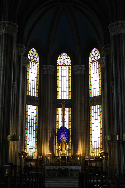 Free Gothic interior view of St. Anthony of Padua Church in Istanbul with stained glass windows and altar. Stock Photo