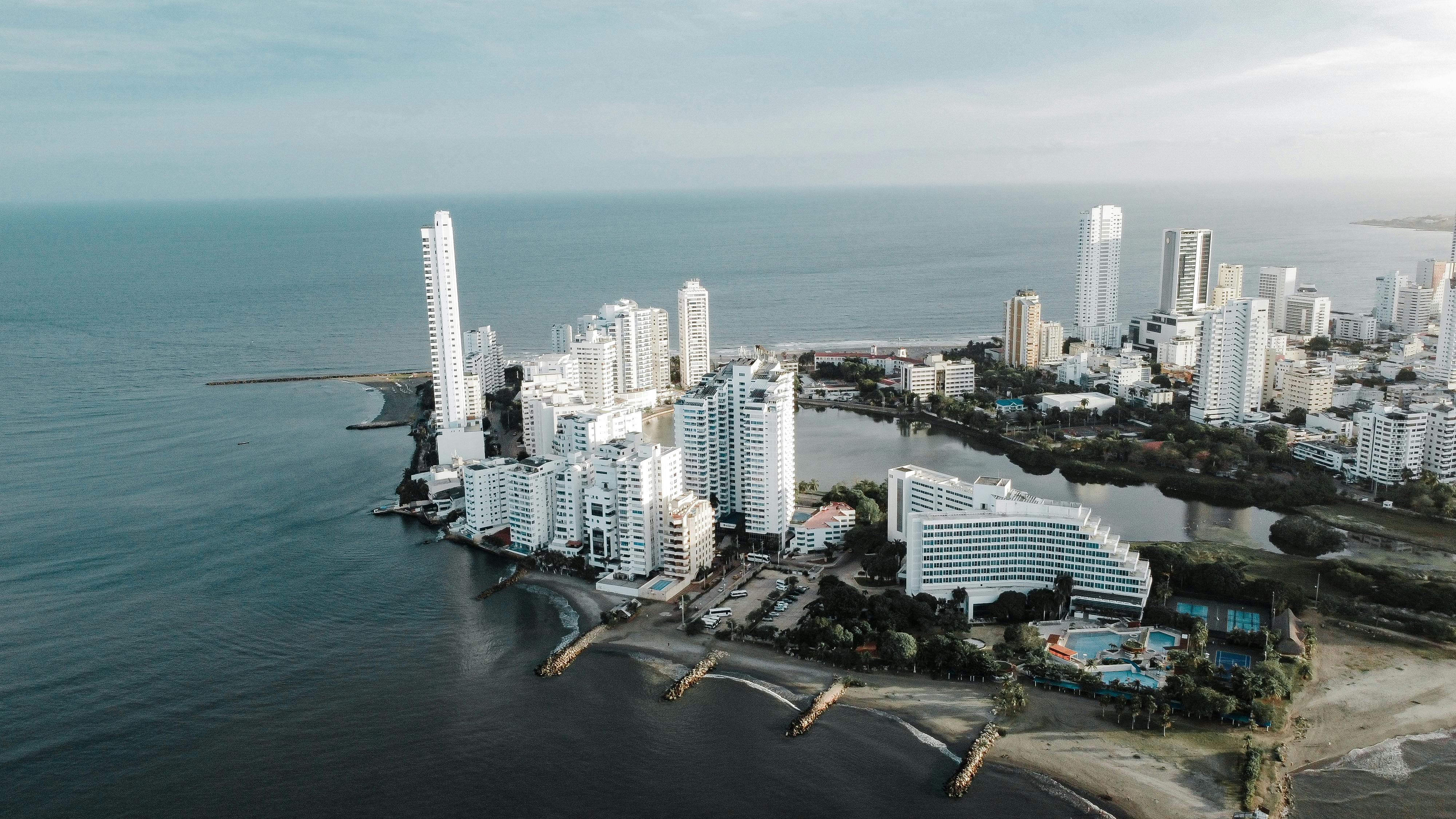 Stunning aerial view of Cartagena's modern skyline and coastline, Colombia.