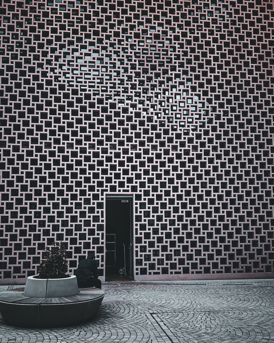 Contemporary building facade with intricate geometric design and single door.