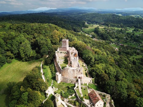 Breathtaking aerial shot of Rötteln Castle amidst lush greenery in Lörrach, Germany.