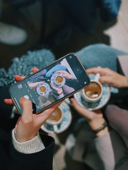 Close-up of friends taking photos of Turkish coffee in a cozy İstanbul café.