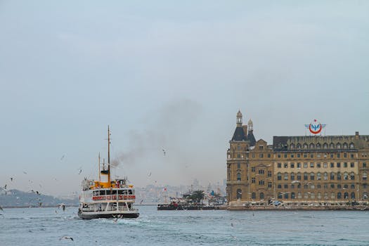 A ferry sailing near Haydarpaşa Terminal in Istanbul with seagulls flying around.