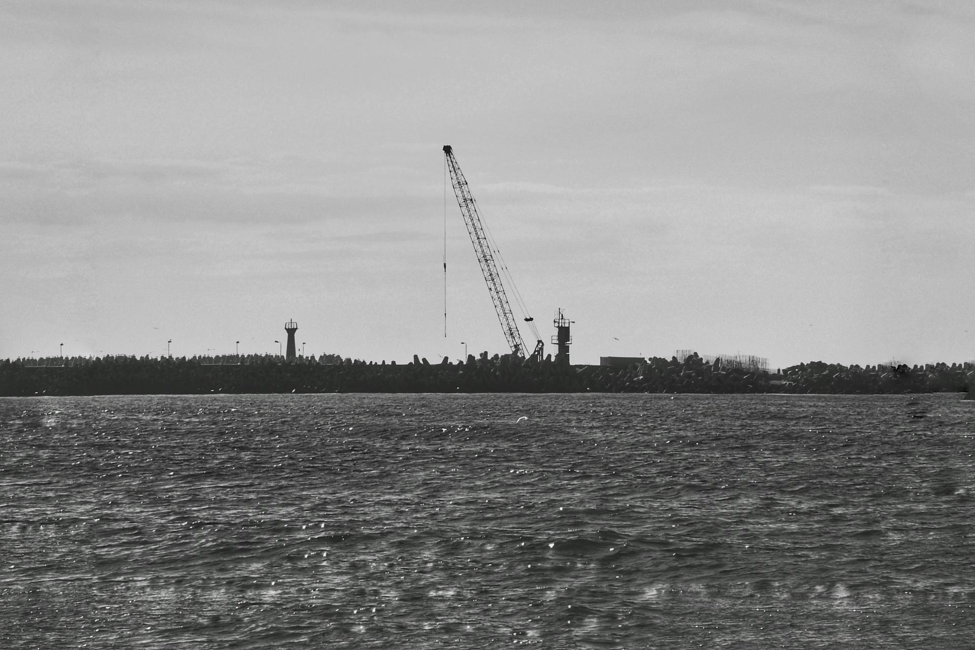 Grayscale image of a construction crane by the sea, evoking a dramatic industrial vibe.
