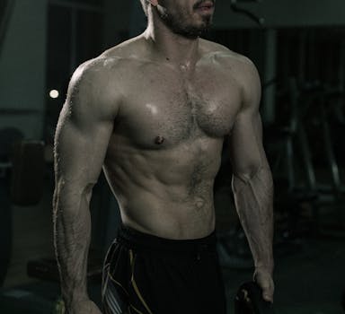 Shirtless man showcasing muscles during a workout in a gym environment.