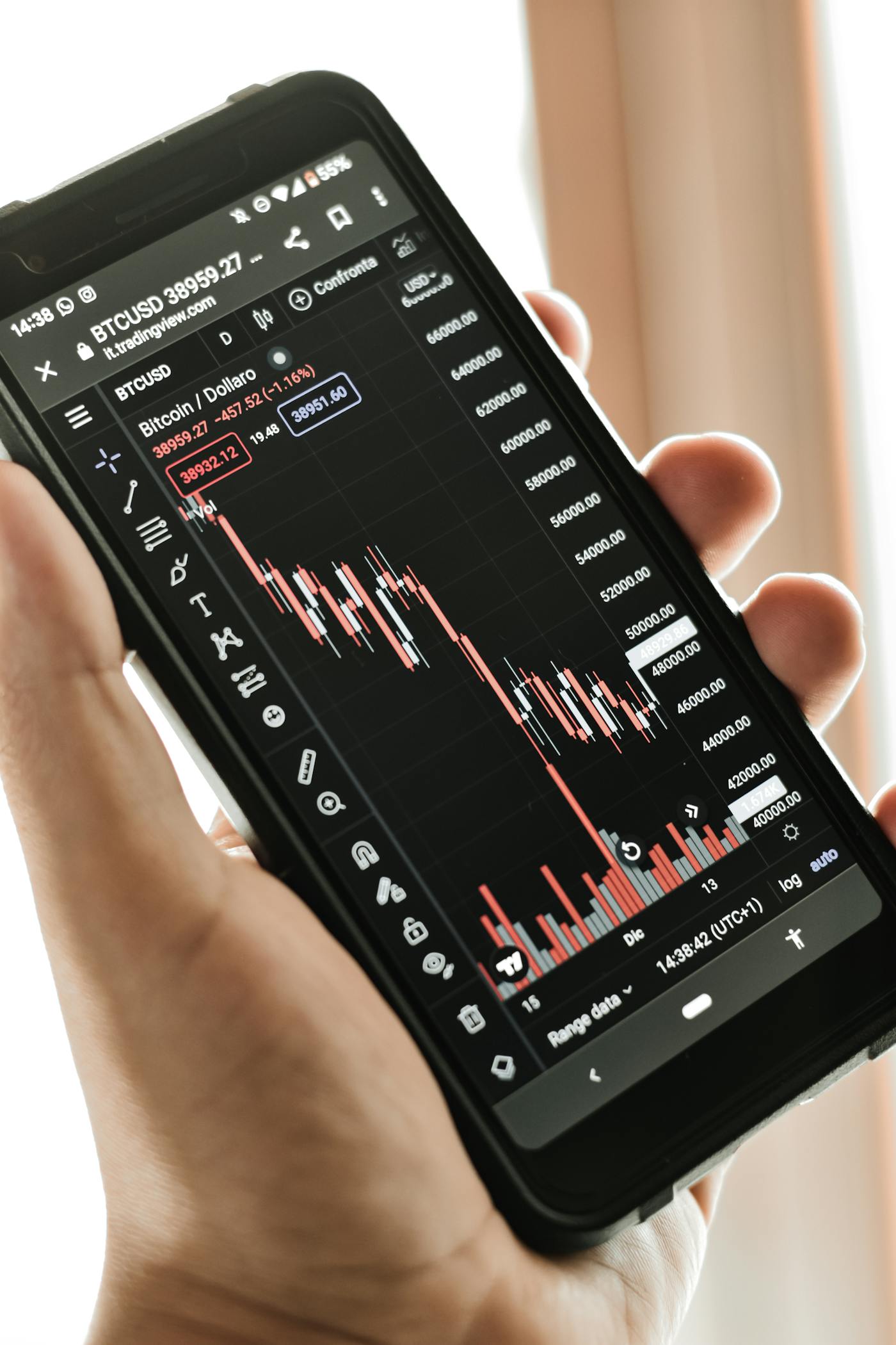 Persona che tiene uno smartphone con grafico candlestick di Bitcoin