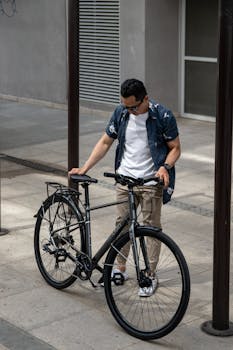 Man with sunglasses holding a bicycle in a modern outdoor setting.
