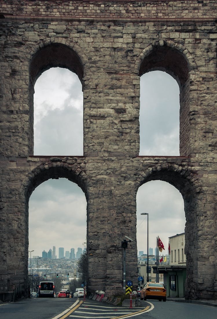 A Road Passing Through The Aqueduct Of Valens In Istanbul