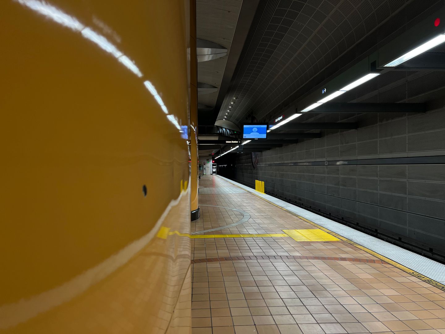 Metro subway platform signed for Union Station, downtown Los Angeles