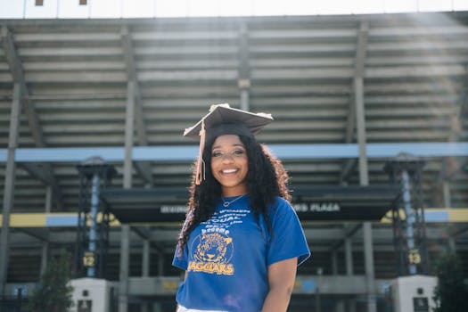 Smiling woman in graduation attire celebrating outdoors in front of a stadium.
